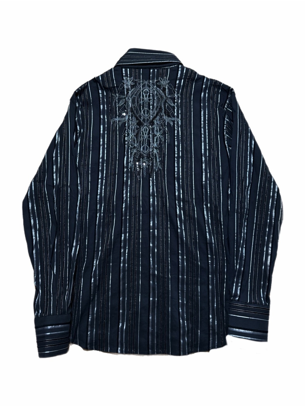 Black Shirt Mens 2XL Black Stripe Beaded Embroidered Sequin Button Up Party